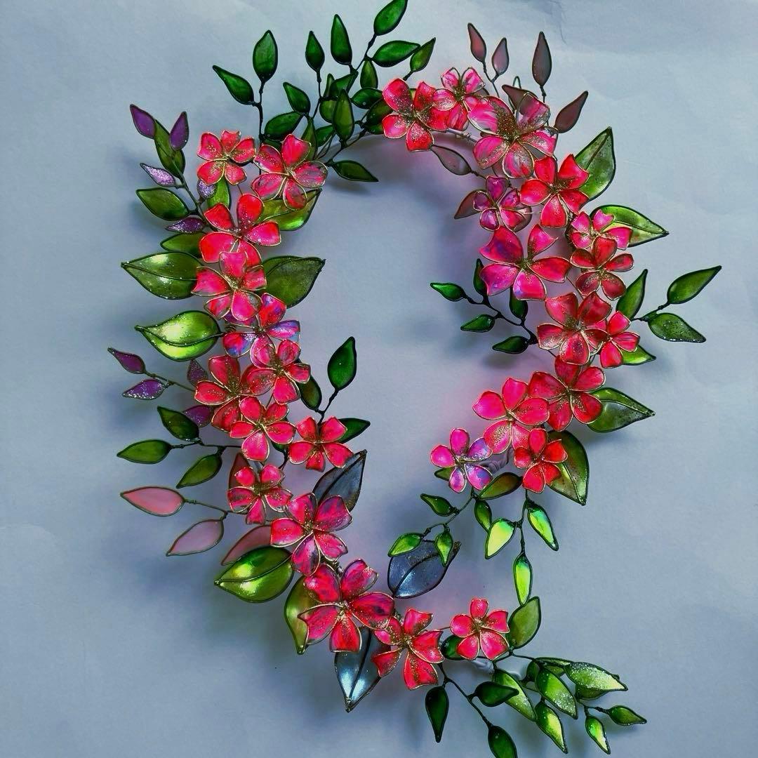 一点物　大きなネオンピンクフラワーリース　ディップアート　ワイヤークラフト