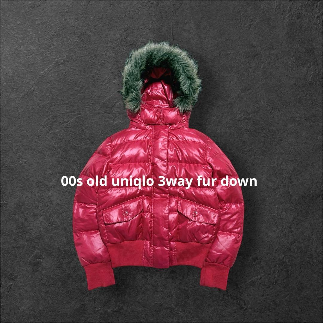 ぬ*様 00s OLD UNIQLO ファー ダウンジャケット 赤 ピンク 短丈 - メルカリ
