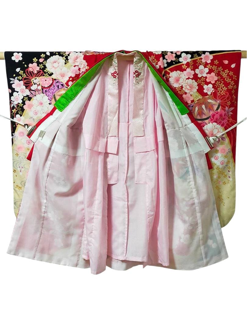 □七五三 女児振り袖着物 桜吹雪 手毬 金駒刺繍 襦袢半衿重ね衿