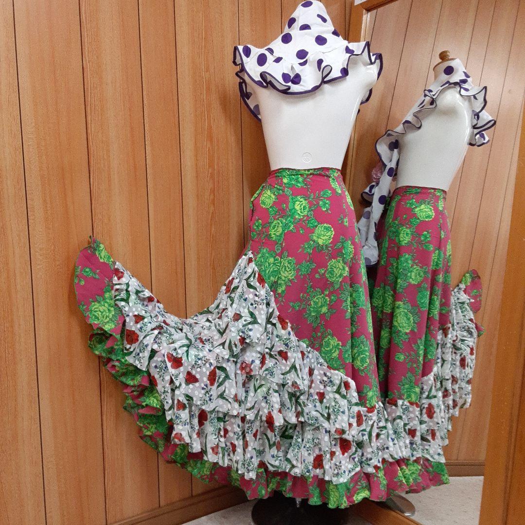 フラメンコ衣装　ファルダのみ　豪華白/赤花柄レースジャガード　 ★フリル1段追加