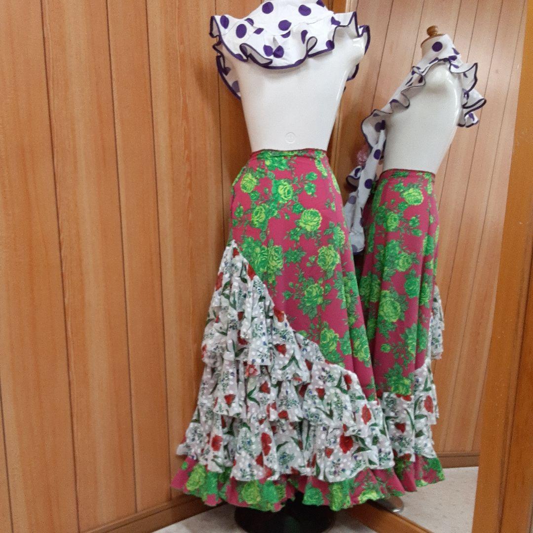 フラメンコ衣装　ファルダのみ　豪華白/赤花柄レースジャガード　 ★フリル1段追加