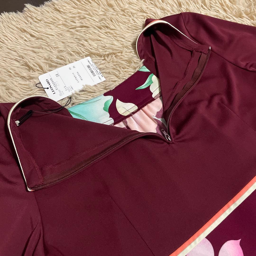 レオナール　ボルドー七分袖ワンピース38 【１回着用済み中古美品】