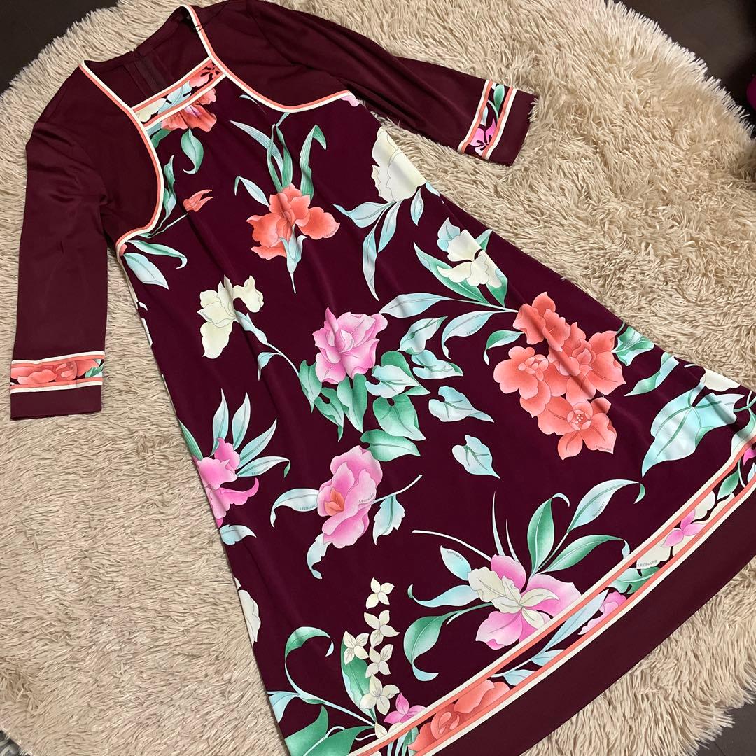 レオナール　ボルドー七分袖ワンピース38 【１回着用済み中古美品】