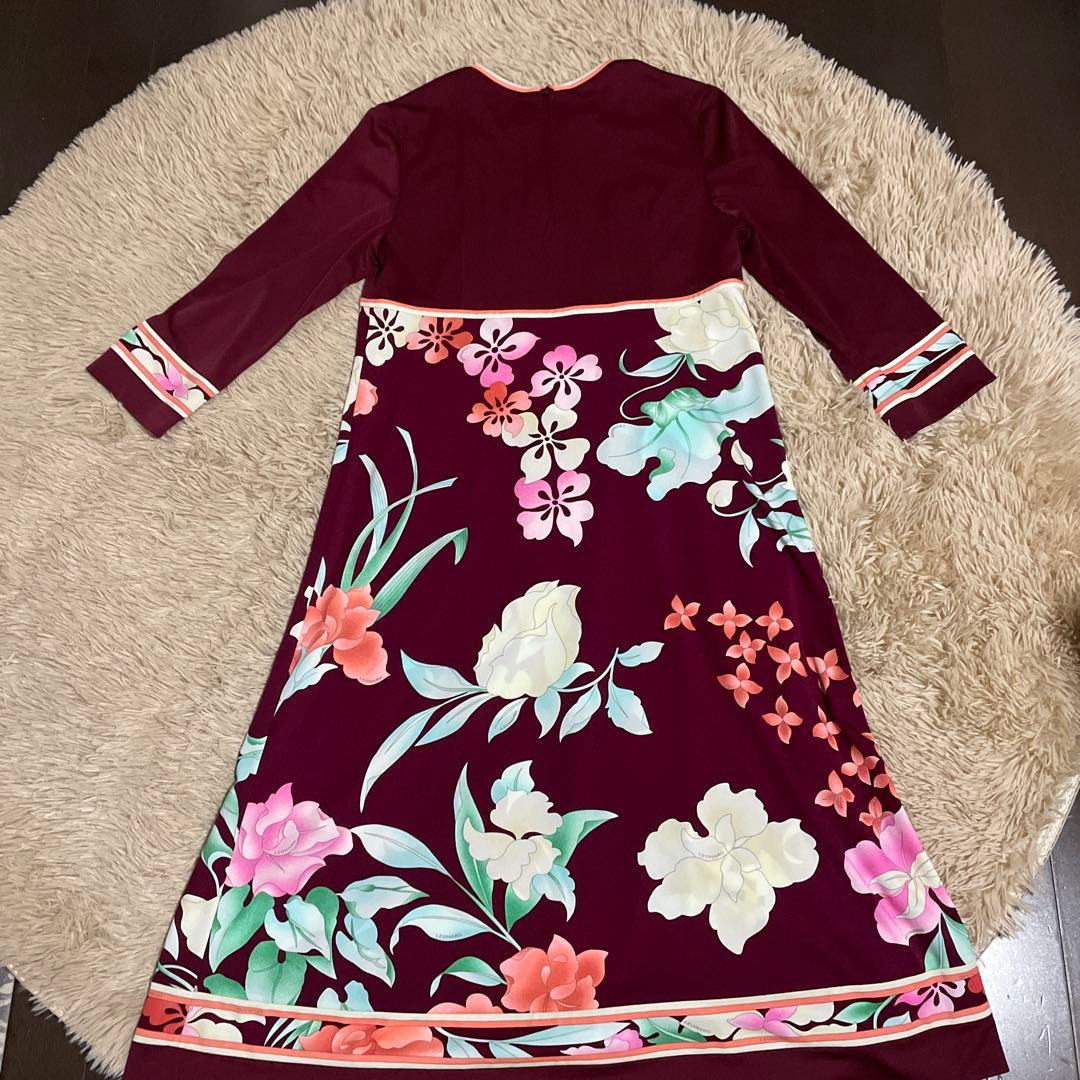 レオナール　ボルドー七分袖ワンピース38 【１回着用済み中古美品】