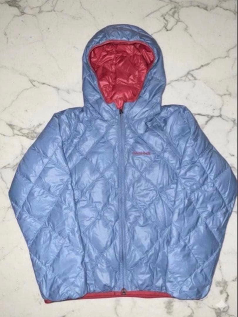 mont-bell ダウンジャケット キルティング リバーシブル 水色/赤 光沢