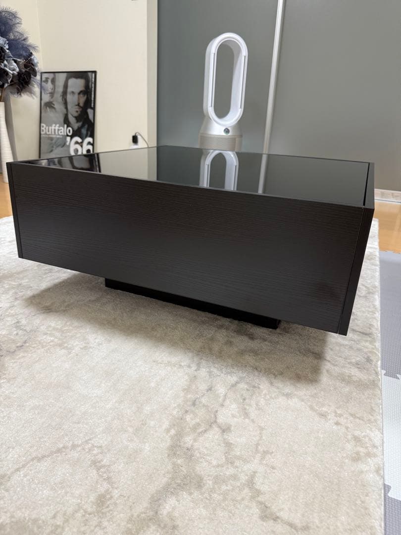 【ma】ガラスセンターテーブル ブラック 引き出し付き 木目スモークガラス