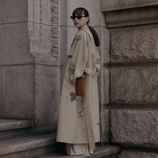 ameri vintage ボタニカルフルーツ柄トレンチコート アメリ Мサイズ