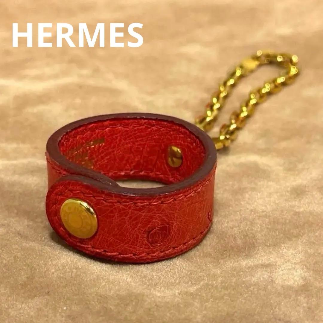 HERMES エルメス グローブホルダー スカーフリング オーストリッチ 赤