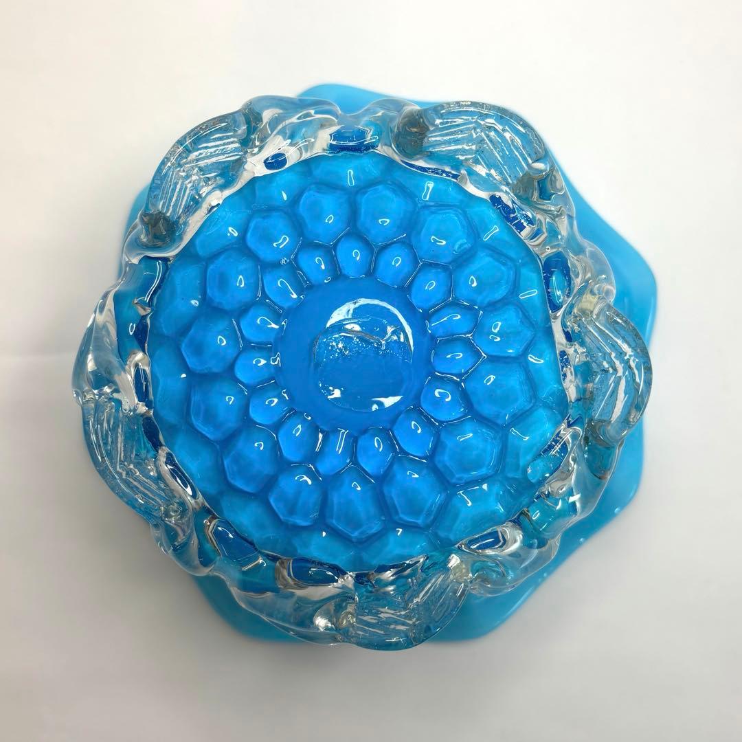 昔ガラス アンティーク 花縁 フリル 亀甲紋様 ガラス コンポート ブルー