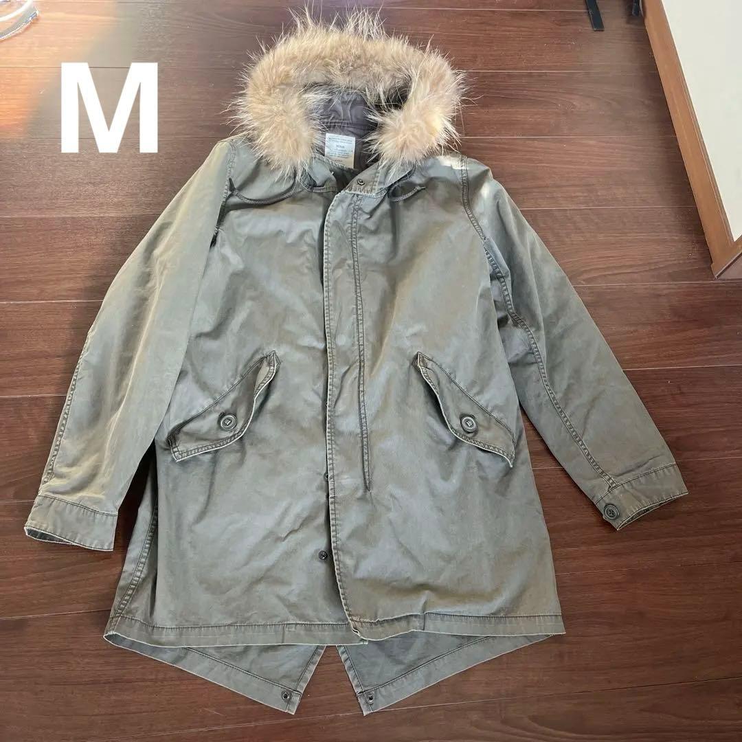 オリーブ色 フード付きモッズコート ミリタリーコート リアルファー