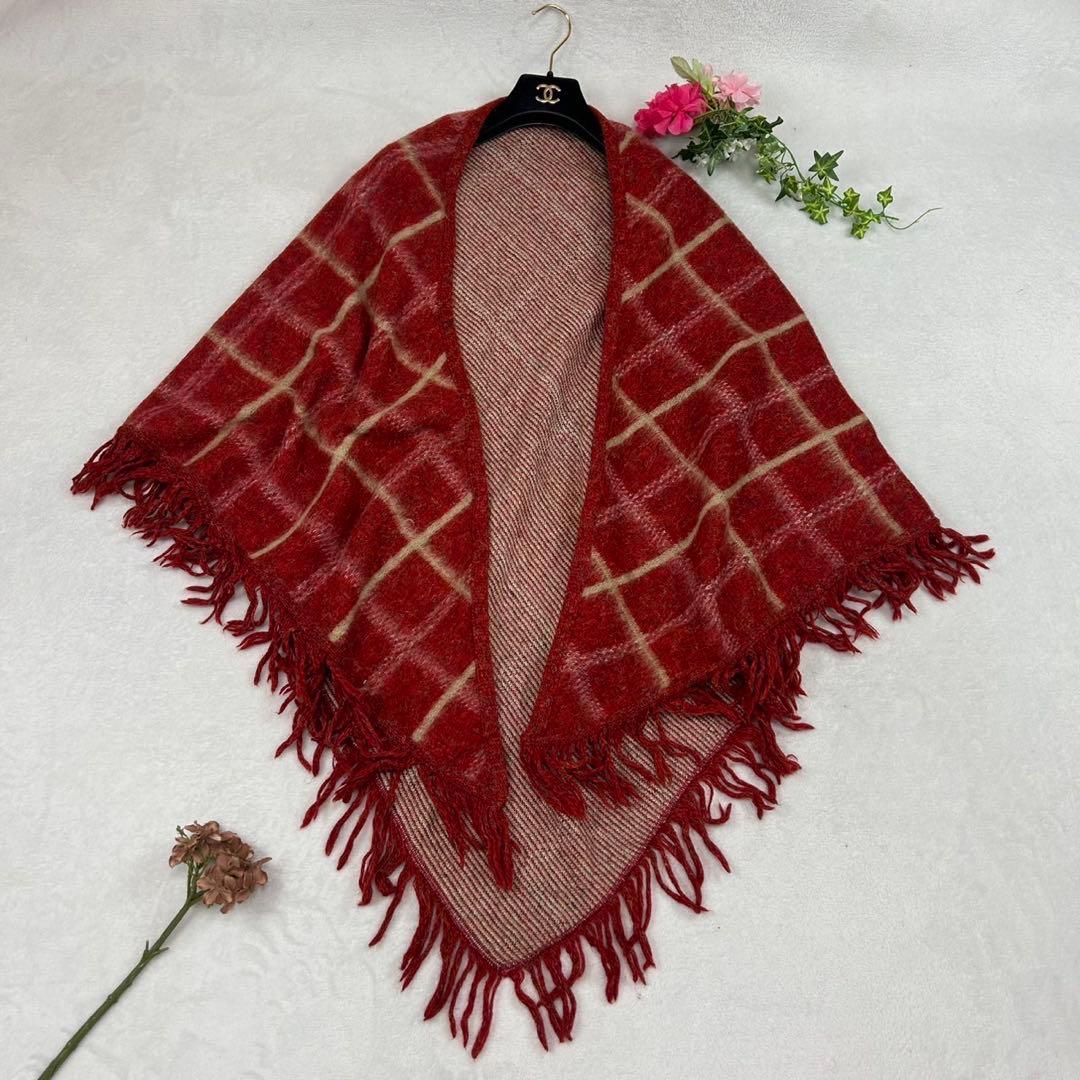 J199 エルメス チェック柄 フリンジ ショール レッド レディース