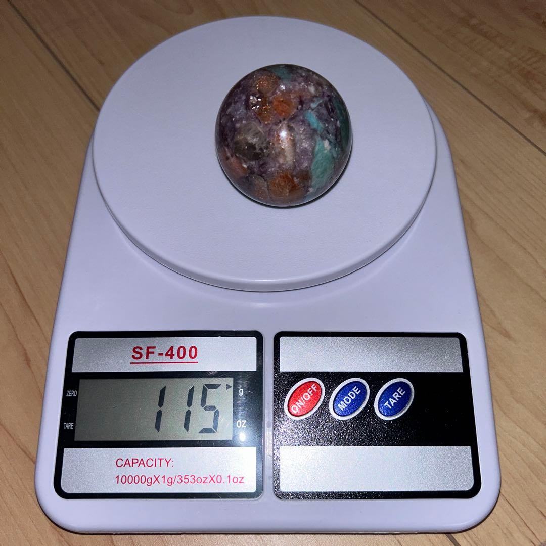 ①アマゾナイト サンストーン レピドライト 共生 スフィア レア 45.9