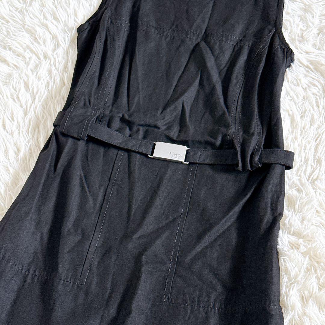 FENDI メタルバックル付きベルト リネン混ひざ丈ワンピース Sサイズ 黒