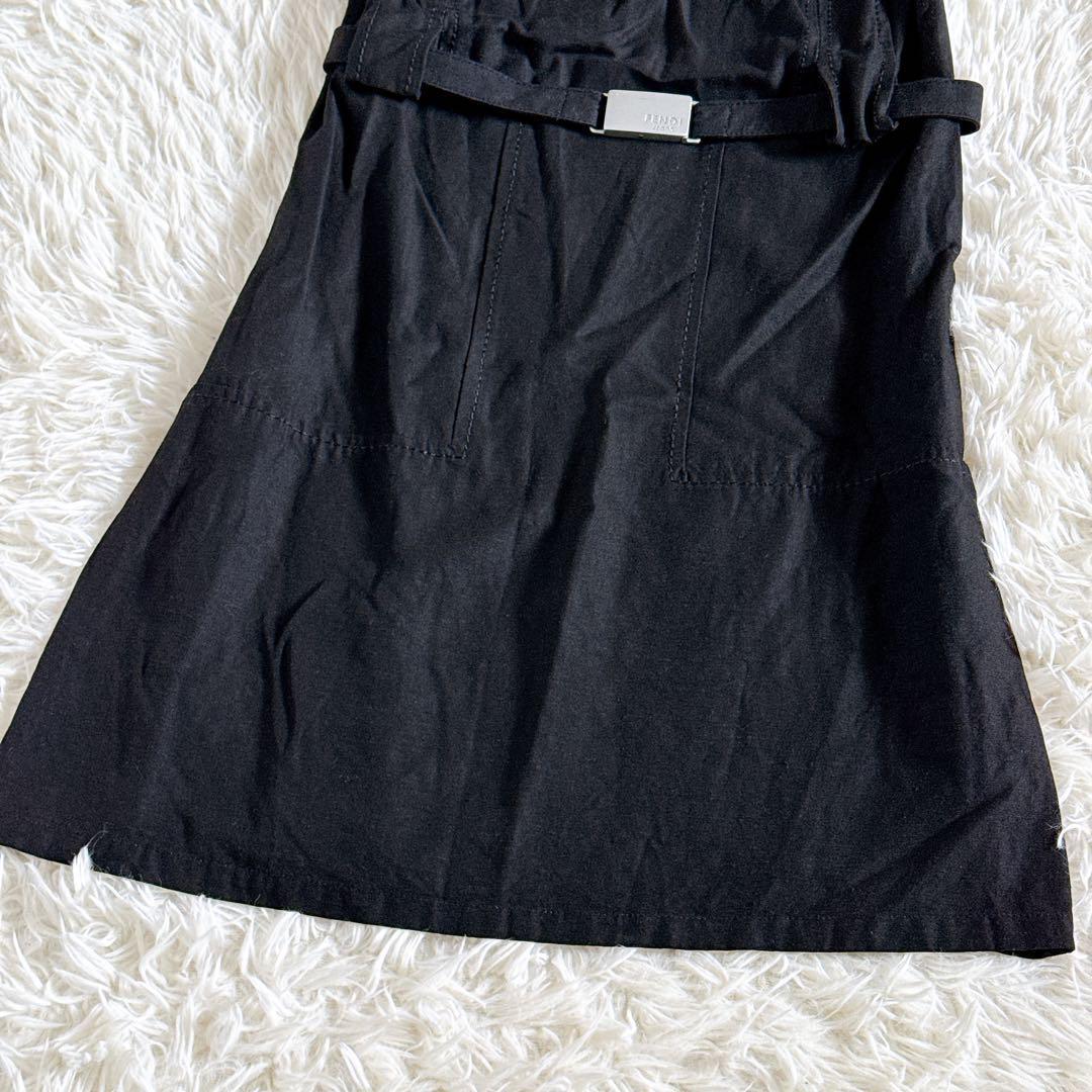 FENDI メタルバックル付きベルト リネン混ひざ丈ワンピース Sサイズ 黒