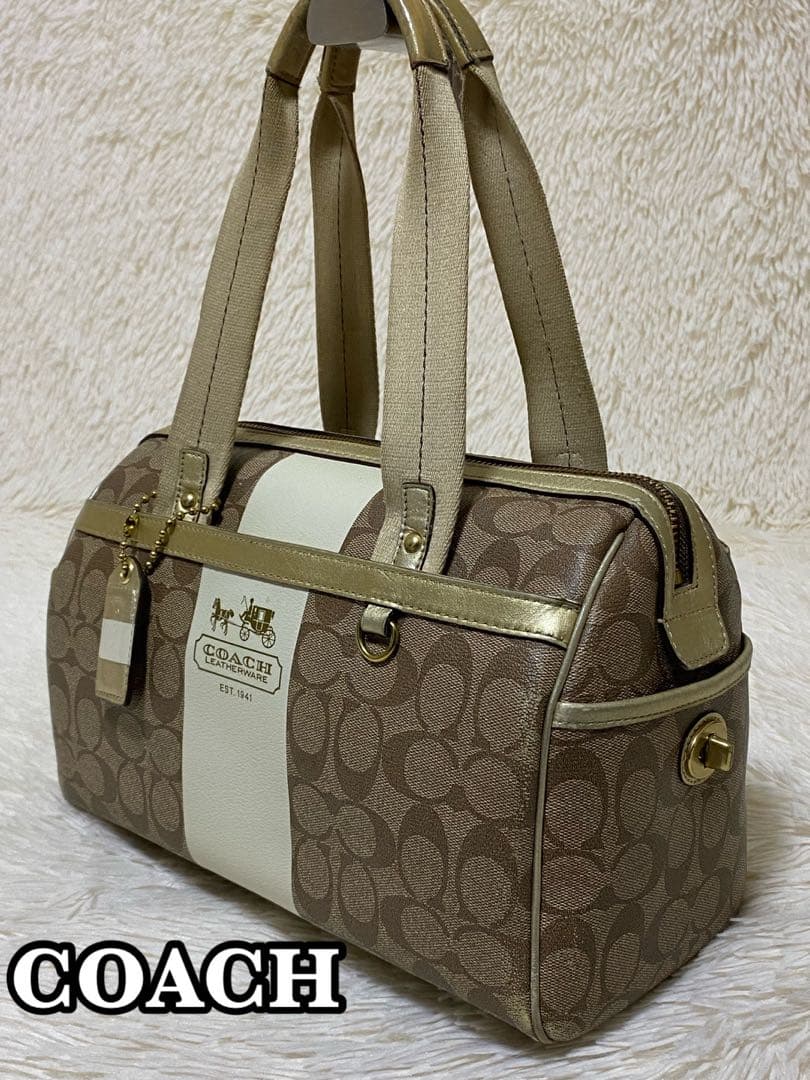 COACH ミニボストンバッグ ハンドバッグ ベージュ PVC コーチ - メルカリ