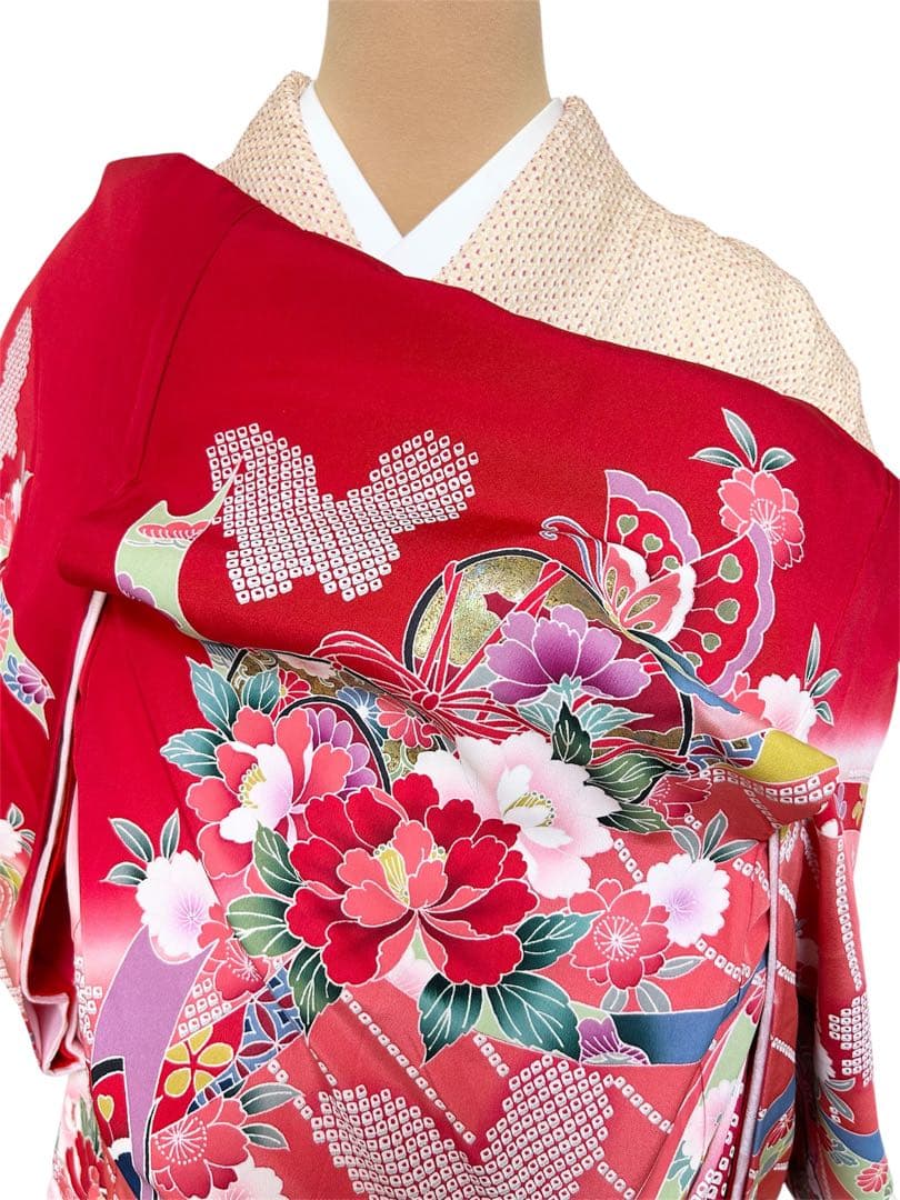 お宮参り 産着 祝着 赤 鼓 舞蝶 絞り柄 四季草花 女の子 襦袢付き