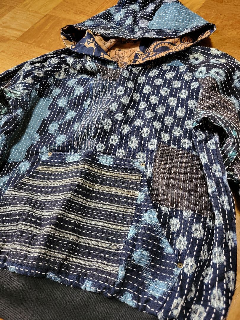 め0129古布リメイク木綿絣襤褸柿渋染め刺し子リバーシブルパ－カー