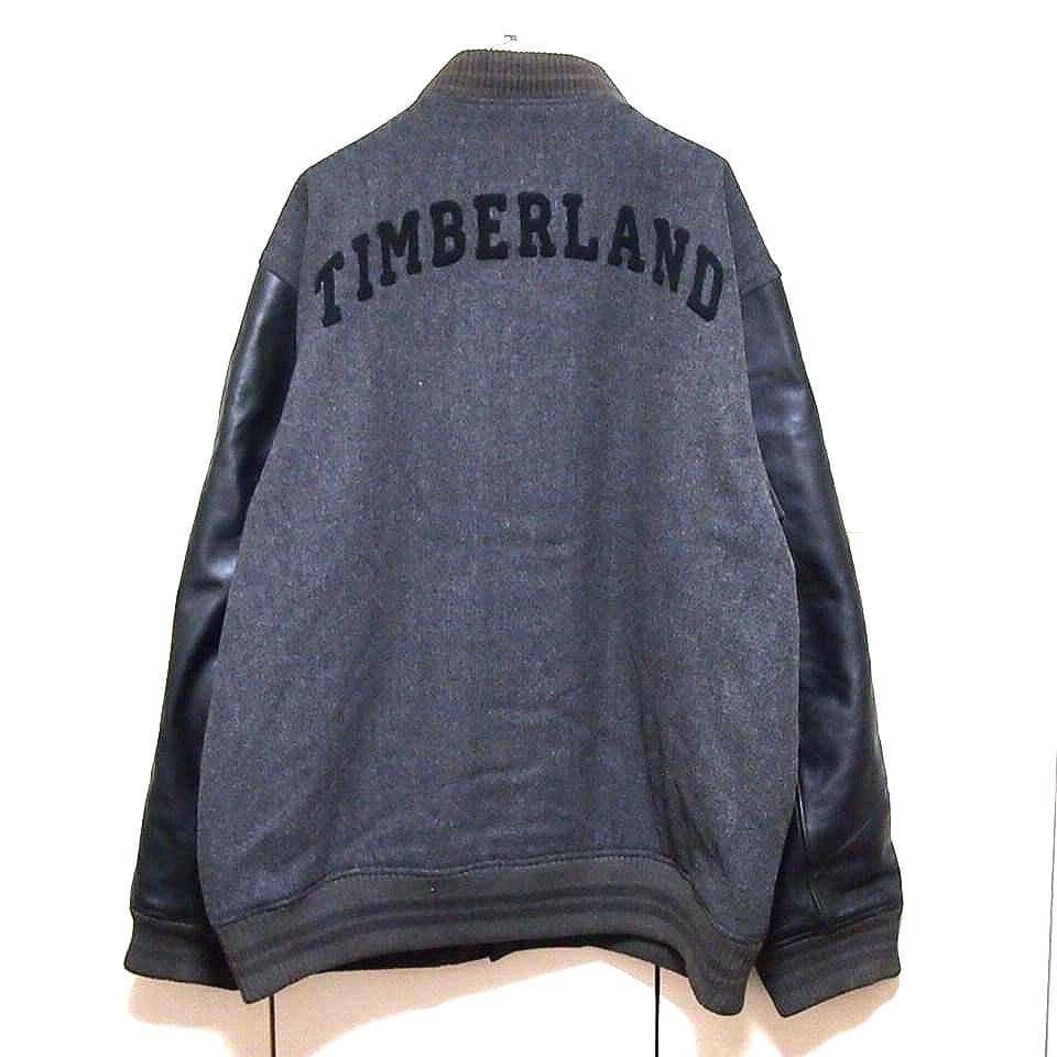 00s★2XL　ティンバーランド　レザー×メルトン　刺繍デカロゴ　スタジャン　黒