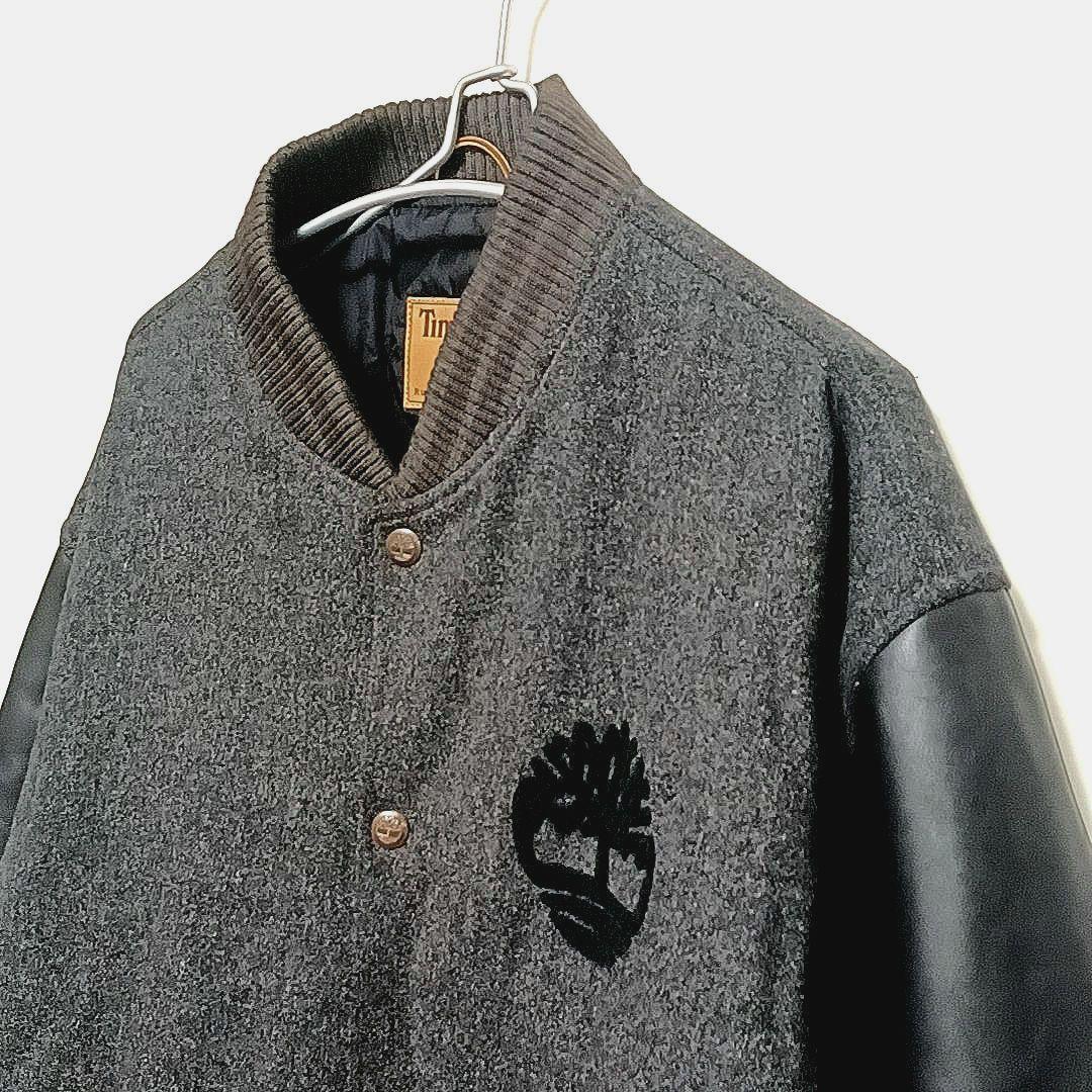 00s★2XL　ティンバーランド　レザー×メルトン　刺繍デカロゴ　スタジャン　黒