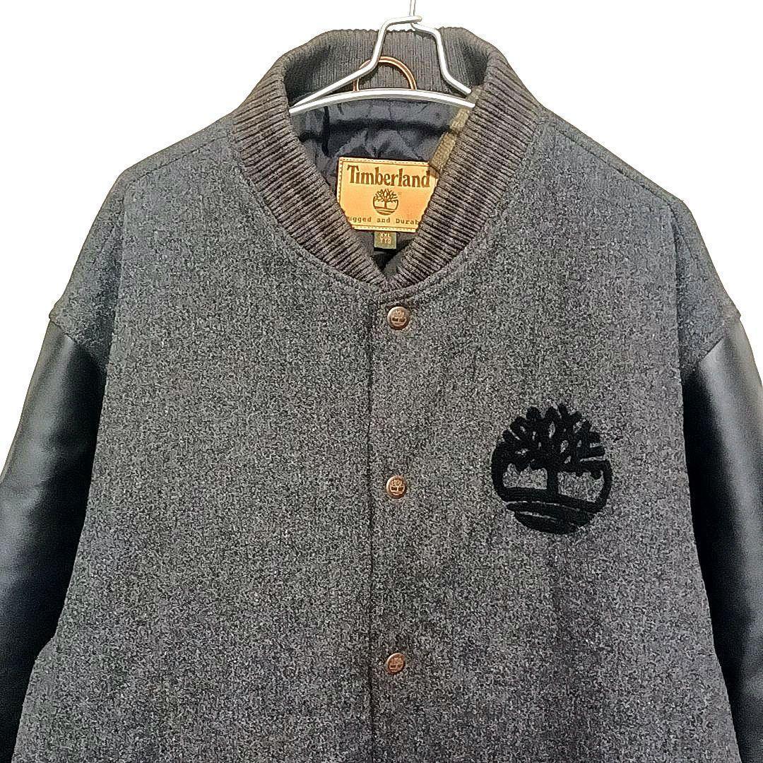 00s★2XL　ティンバーランド　レザー×メルトン　刺繍デカロゴ　スタジャン　黒