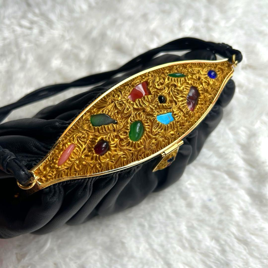 美品】ハマノ ハンドバッグ サンピエトロ がま口 ビジュー ブラック