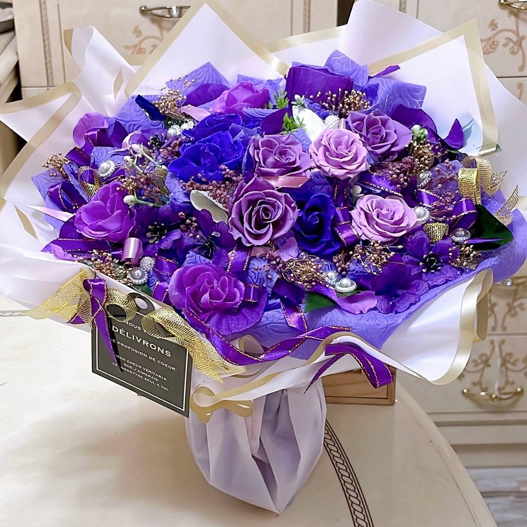 ✨特大✨ボリュームのある花束✨紫系ミックスバラプリザ＆アーティフィシャルアレンジ
