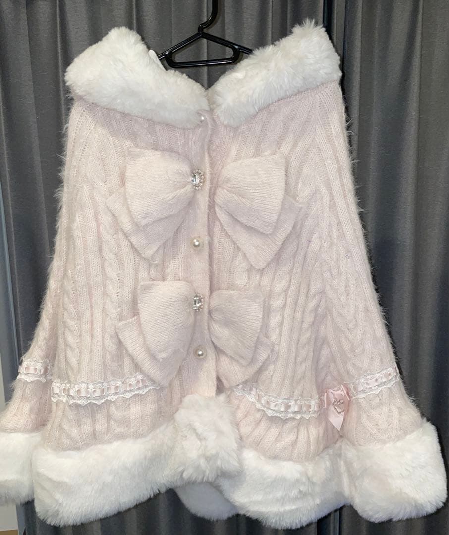 LIZLISA ダブルリボンニットファーポンチョ ピンクLIZLISA】ダブル