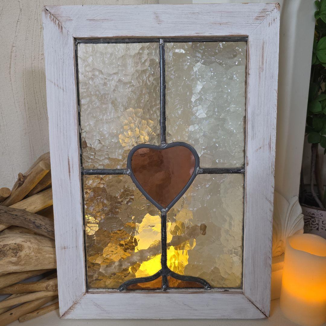 イギリスアンティーク　ステンドグラス　教会　波ガラス　ハート模様