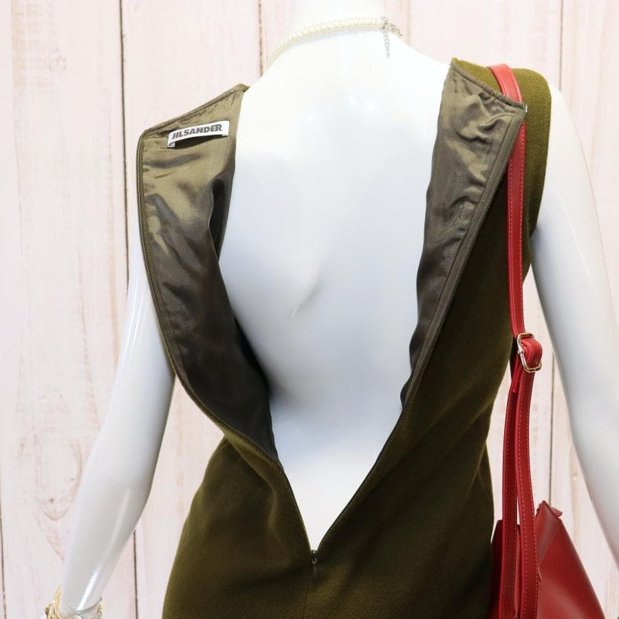 JIL SANDER ノースリーブワンピース S モスグリーン ウールカシミヤ