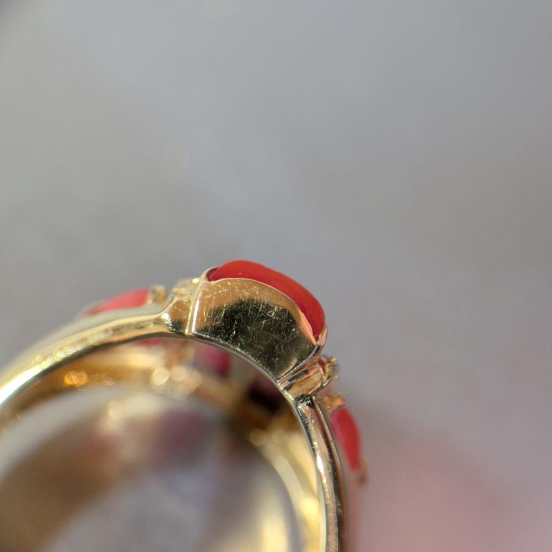 リング　K18　YG　珊瑚　ダイヤモンド計0.04ct　三越　5.53g