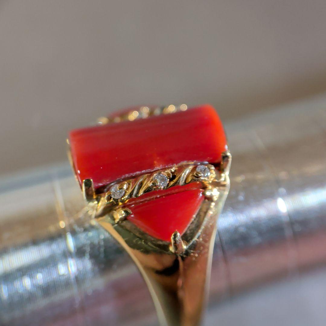 リング　K18　YG　珊瑚　ダイヤモンド計0.04ct　三越　5.53g