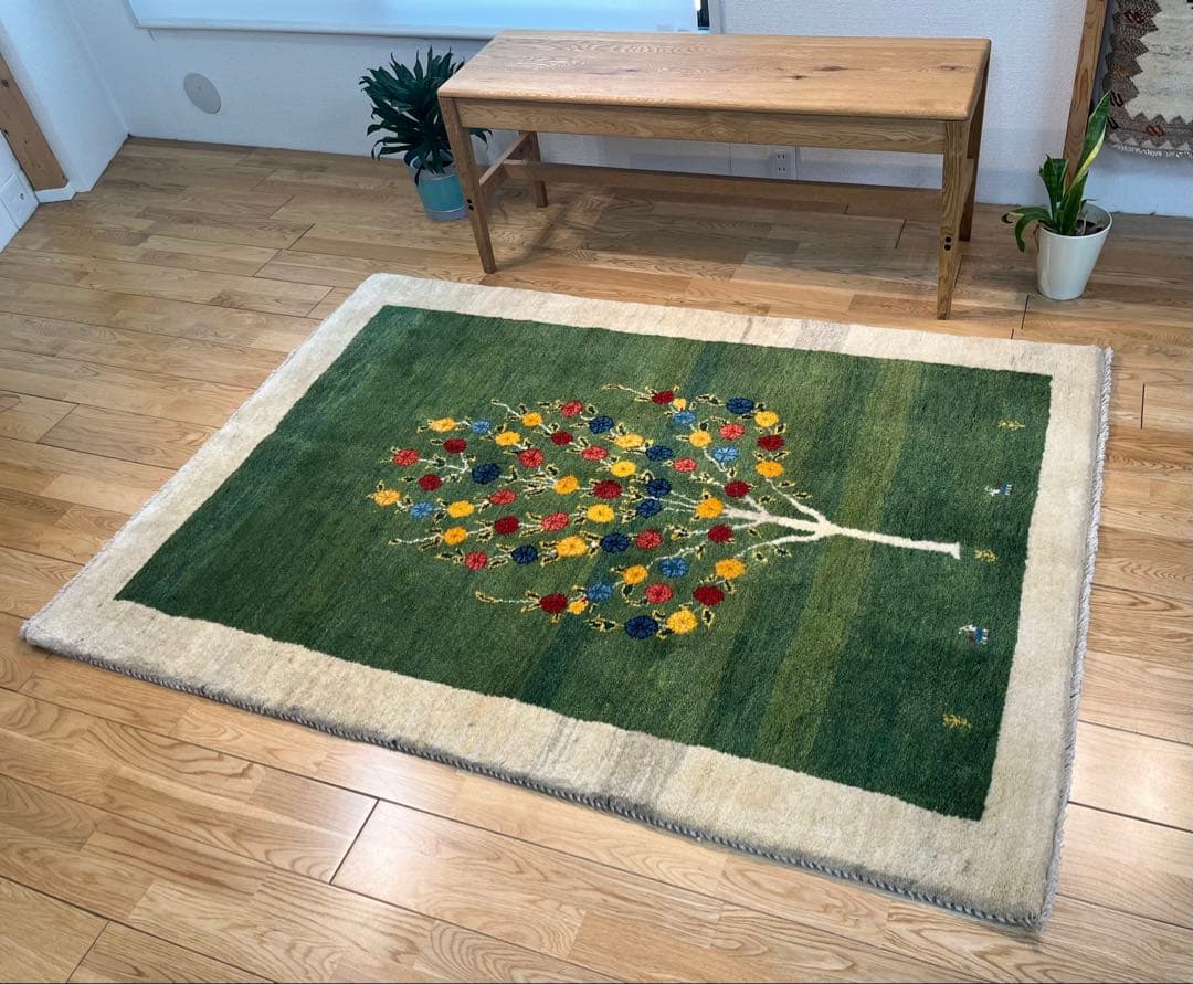 ペルシャ　ギャッベ リビング168×120 グリーン　緑　生命の木　花