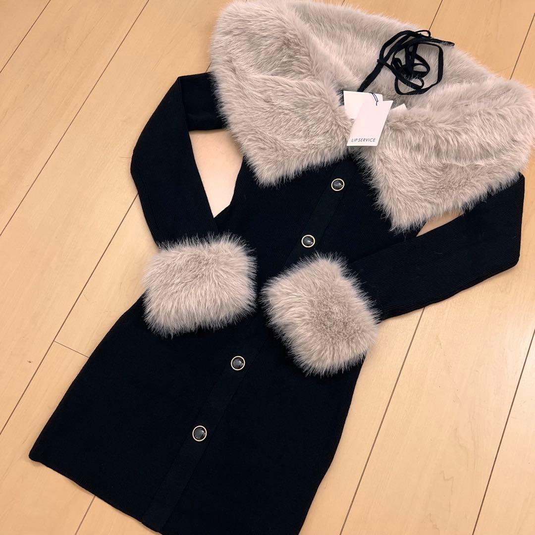 1新品リップサービス定価14850円ファーオフショルボタンニットワンピース黒