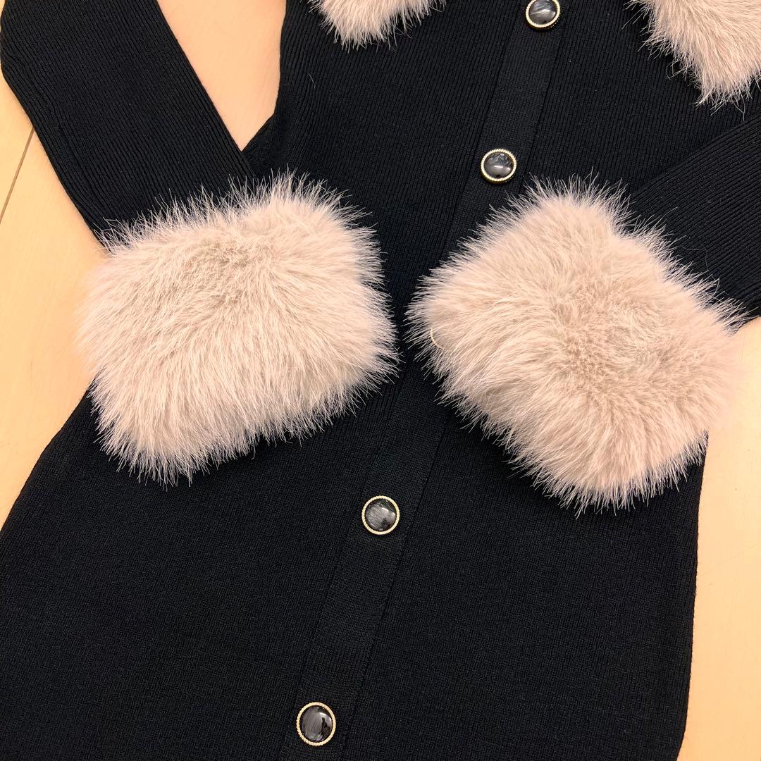 1新品リップサービス定価14850円ファーオフショルボタンニットワンピース黒