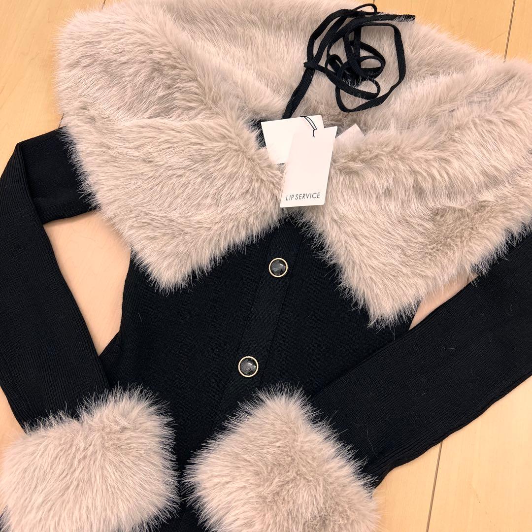 1新品リップサービス定価14850円ファーオフショルボタンニットワンピース黒