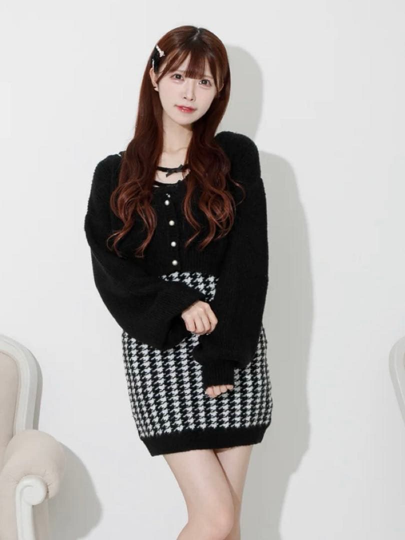 Pium ピウム 千鳥柄ニットワンピカーデセット ブラック