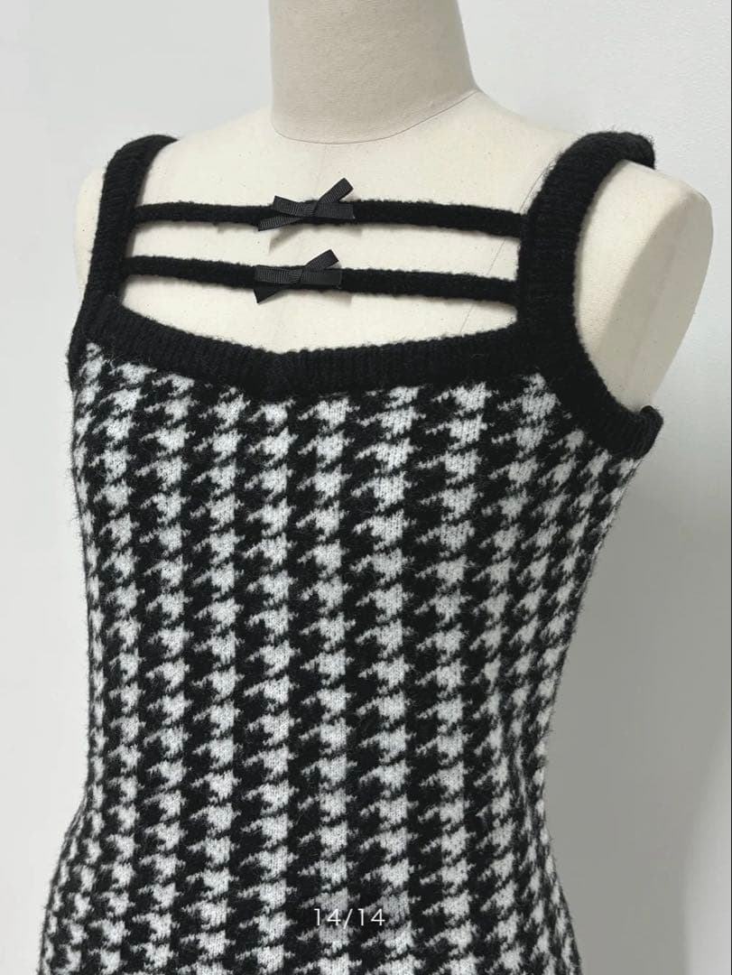 Pium ピウム 千鳥柄ニットワンピカーデセット ブラック