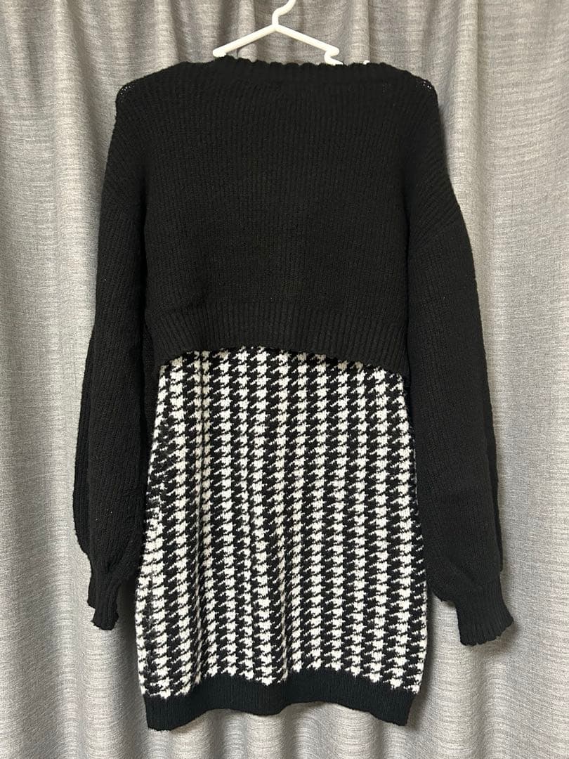 Pium ピウム 千鳥柄ニットワンピカーデセット ブラック