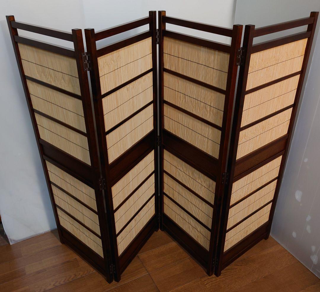 御簾竹皮屏風　１台限定　簾四枚折りたたみ式竹衝立　4連パーテーション和風衝立