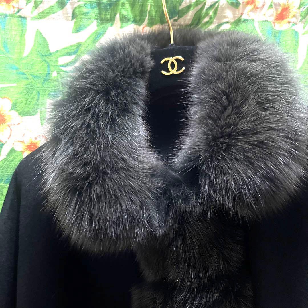 新品タグ付き☆サガファーカシミヤ100%ポンチョ毛皮ブルーフォックス黒