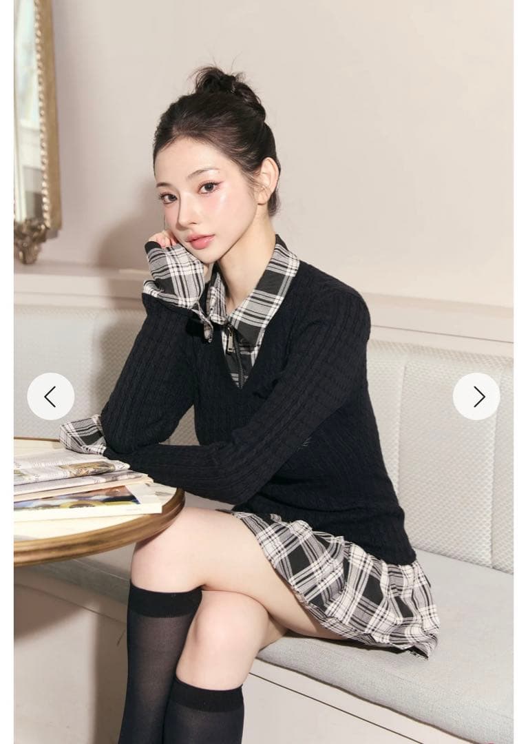 新品タグ付き Randy カービーニットチェックドッキングワンピース ブラック