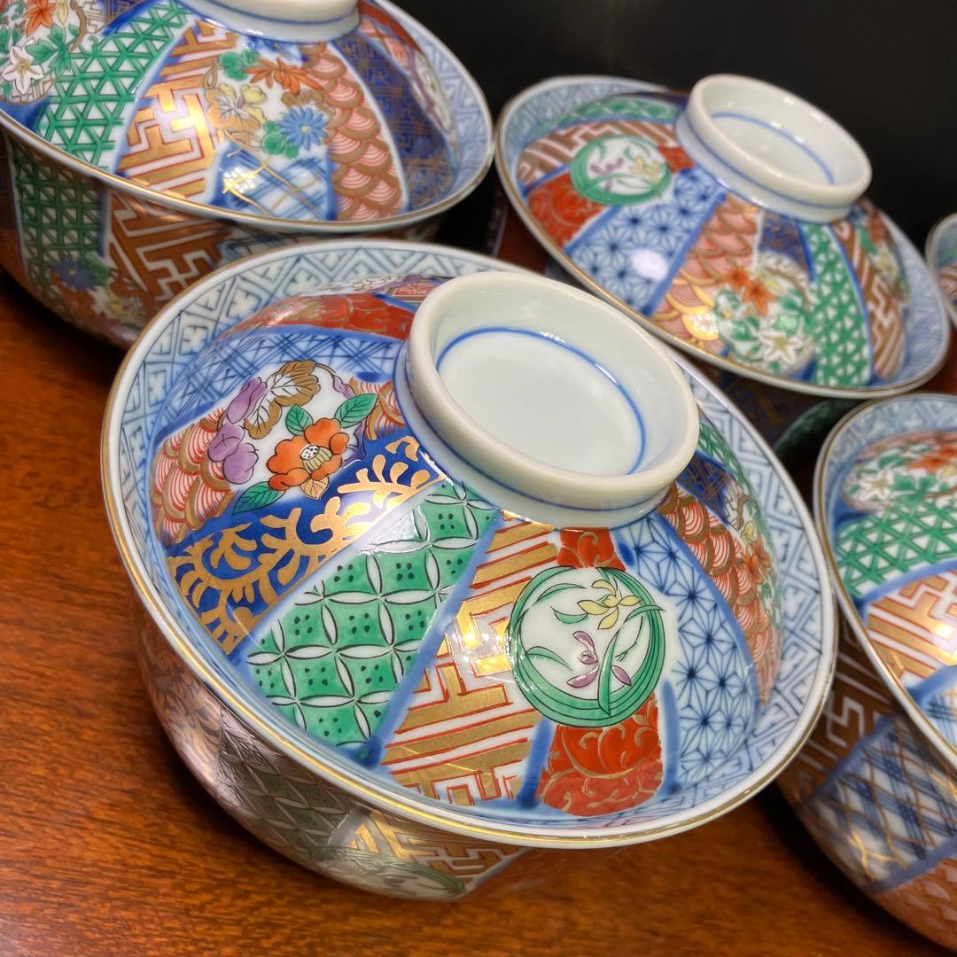 龍峯窯 祥瑞花丸紋蓋物揃 5客セット 金彩古伊万里蓋付き丼ぶり T0902-2