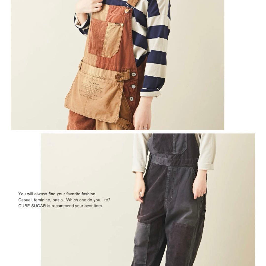 タグ付きキューブシュガーTOBILAピーチツイル×コーデュロイエプロンサロペット
