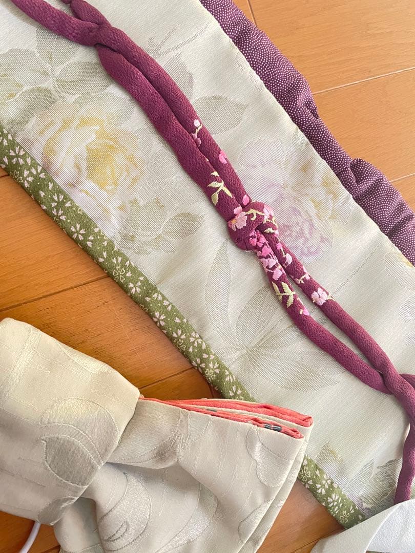 七五三　親子お揃い着物　親子リンクコーデ　ハンドメイド　グリーン緑紫パープル