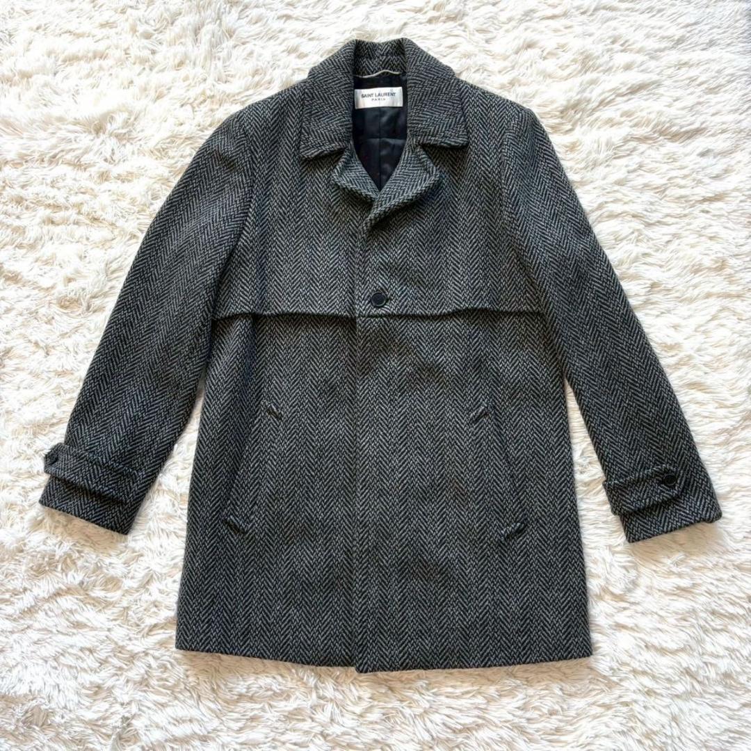 極美品 サンローラン パリ チェスターコート ウール ヘリンボーン グレー XL