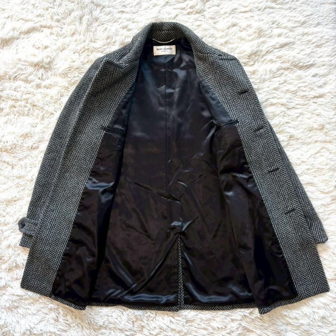 極美品 サンローラン パリ チェスターコート ウール ヘリンボーン グレー XL