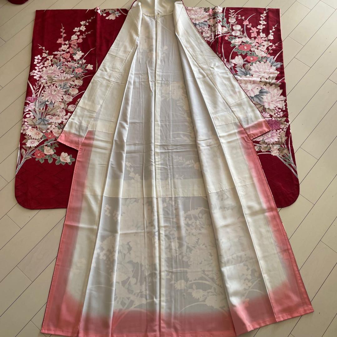 □E4124□美品□紅海老茶色 花尽くし 京友禅 袷 振袖 丈166 裄68