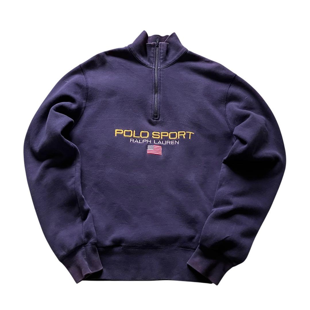 希少90's ポロスポーツ 星条旗刺繍ロゴ ハーフジップスウェット ネイビー L