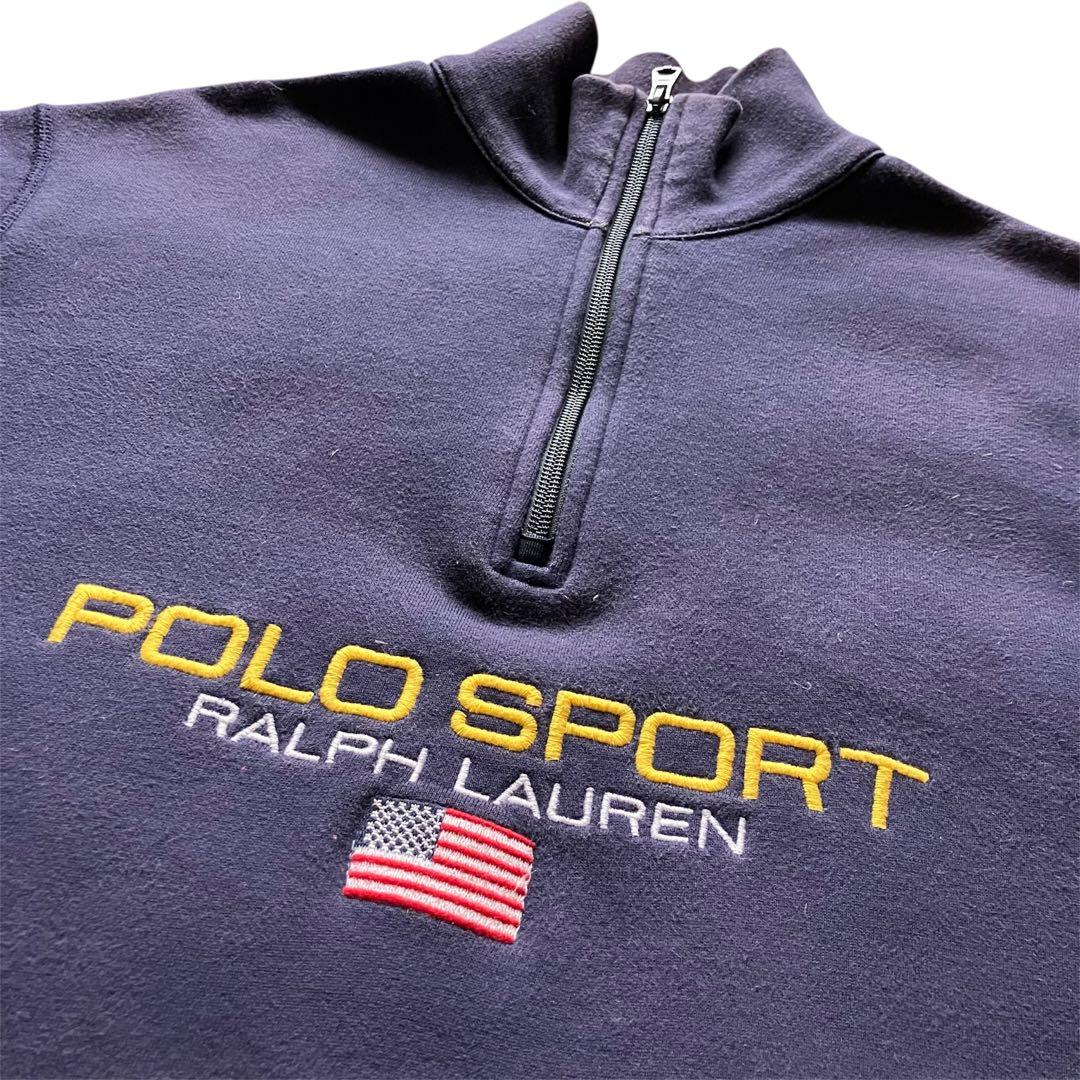 希少90's ポロスポーツ 星条旗刺繍ロゴ ハーフジップスウェット ネイビー L