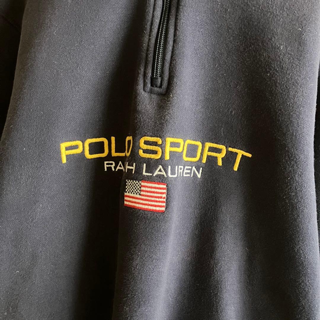 希少90's ポロスポーツ 星条旗刺繍ロゴ ハーフジップスウェット ネイビー L